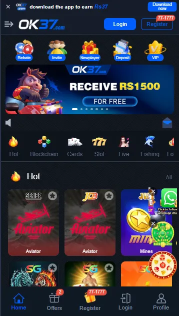 OK37 Homepage with games and features